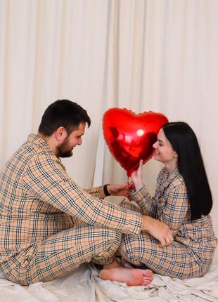 Стильна котонова піжама клітинка, домашній костюм, штани і сорочка, family look