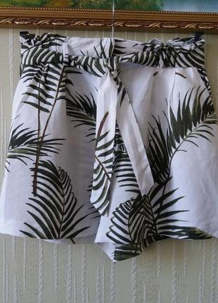 H&m короткие льняные шорты свободного кроя с защипами и поясом на талии 55%лен льна3 фото