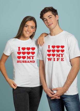 Парные футболки для влюбленных с сердцами и надписями i love wife, i love husband2 фото