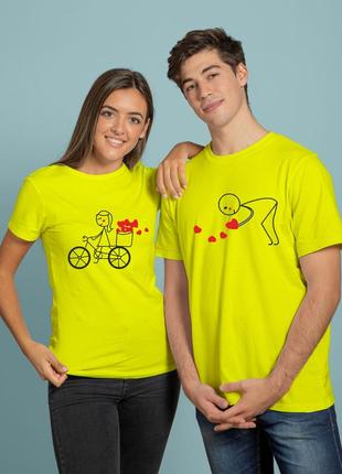 Парные футболки для двоих велосипедисты, прикольные майки для влюбленных на день святого валентина