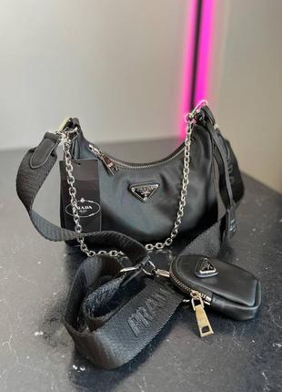 Prada re-mini black edition брендова жіночий чорна стильна сумочка з ланцюгом і ремінцем крута чорна сумка тренд5 фото