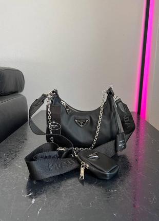 Prada re-mini black edition брендова жіночий чорна стильна сумочка з ланцюгом і ремінцем крута чорна сумка тренд10 фото