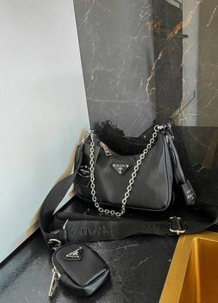 Prada re-mini black edition брендова жіночий чорна стильна сумочка з ланцюгом і ремінцем крута чорна сумка тренд8 фото