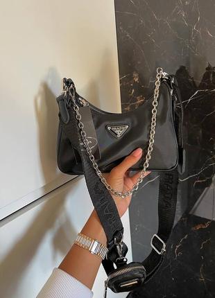Prada re-mini black edition брендова жіночий чорна стильна сумочка з ланцюгом і ремінцем крута чорна сумка тренд
