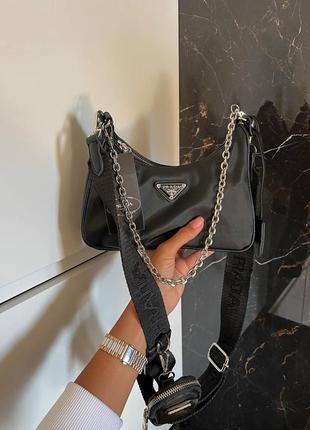 Re-mini black edition брендова жіночий чорна стильна сумочка з ланцюгом і ремінцем крута чорна сумка тренд2 фото