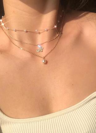 Трендовая многослойная подвеска колье одерелье чокер с бабочкой подвеска с жемчужинами цепочка ланцюжок бабочки изысканная подвеска