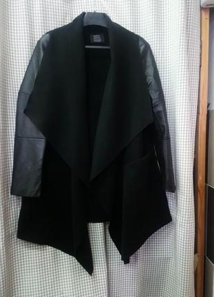Пальто тренч кофта кардиган мантия без подкладки двубортное с карманами кожаные рукава
