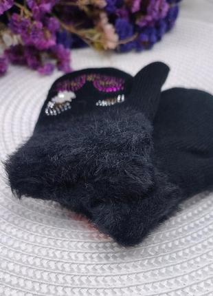 Рукавиці для дівчинки на 1-3 роки чорні рукавички з шнурівкою, утеплені хутром ворсовим3 фото