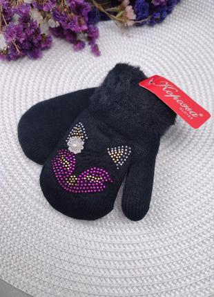 Рукавиці для дівчинки на 1-3 роки чорні рукавички з шнурівкою, утеплені хутром ворсовим2 фото