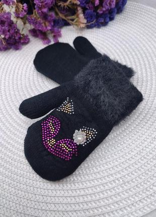 Рукавиці для дівчинки на 1-3 роки чорні рукавички з шнурівкою, утеплені хутром ворсовим6 фото