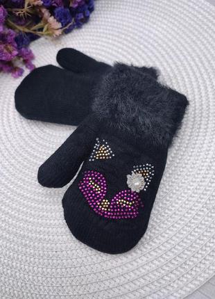 Рукавиці для дівчинки на 1-3 роки чорні рукавички з шнурівкою, утеплені хутром ворсовим7 фото