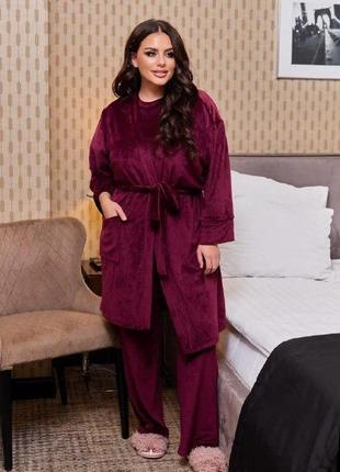 Женский спальный домашний комплект пижама супер батал велюр тройка
