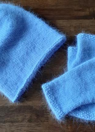 Модная шапка бини, пушистая шапка из ангоры, вязаная шапочка, ручная работа