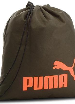 Рюкзак-мешок спортивный puma phase gym back 074943 05 (темно-зеленый, на тренировку, 16 литров, логотип пума)