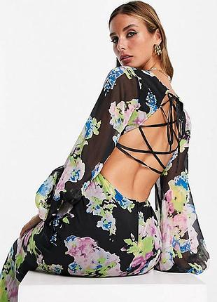 Роскошное макси платье asos design! шифон в цветы+ шнуровка на спинке!