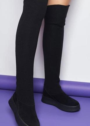 Женские стильные зимние ботинки - чулки tom ford из натуральной замши черного цвета