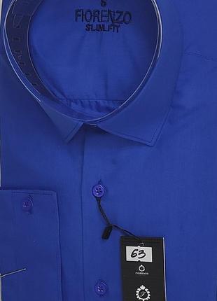 Мужская рубашка синяя однотонная приталенная fiorenzo vd-0063 турция, стильная с длинным рукавом хлопок10 фото
