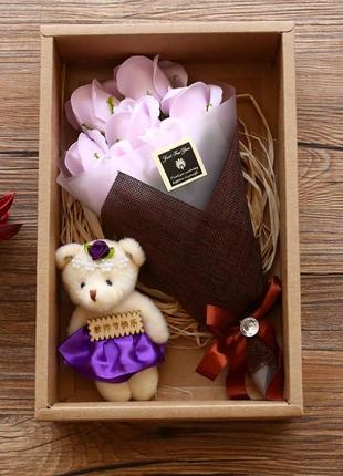 Подарочный букет lesko x1-1 pink набор из мыла 7 роз с медвежонком