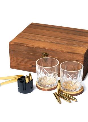 Набір для віскі в дерев'яній коробці (2 склянки, 2 підставки, кулі для охолодження 6 шт і щипці)