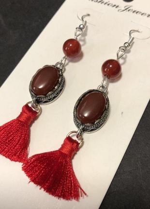 Серьги сердолик, кабошон 15мм+-, бусина 8мм+-, l-7см