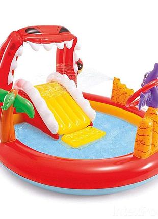 Надувной игровой центр, бассейн с горкой "дино" intex 57163 196х170х108см