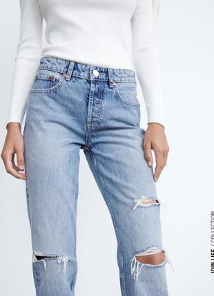 Zara джинсы штаны джинси голубые с разрезами рваные размер 36  mid rise straight leg full length2 фото