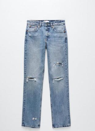 Zara джинсы штаны джинси голубые с разрезами рваные размер 36  mid rise straight leg full length6 фото