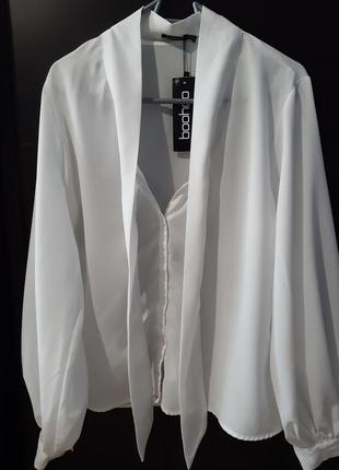 Новая белая шифоновая рубашка boohoo длинный объёмный рукав р.14/163 фото