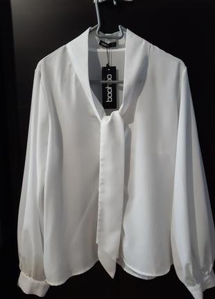 Новая белая шифоновая рубашка boohoo длинный объёмный рукав р.14/164 фото