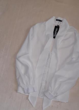 Новая белая шифоновая рубашка boohoo длинный объёмный рукав р.14/162 фото