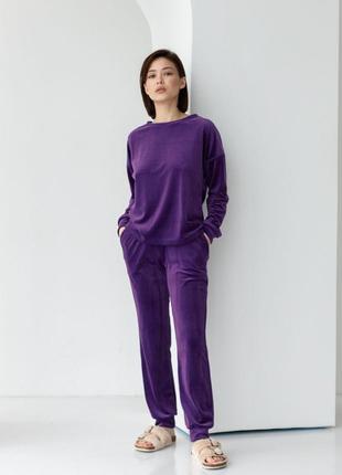 Плюшевый велюровый фиолетовый костюм для дома кофта со штанами піжама