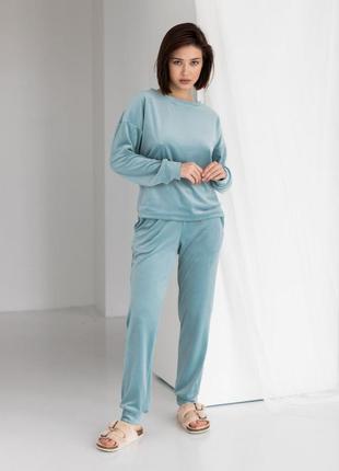 Плюшевий блакитний велюровий костюм для будинку кофта зі штанами піжама