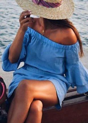 Zara льняной комбинезон с воланами на рукавах