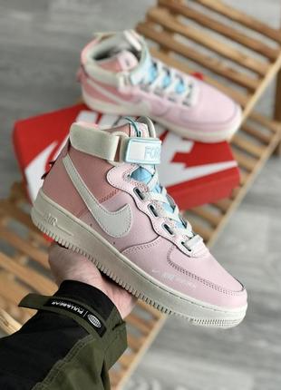 Женские высокие розовые  кожаные кроссовки nike air force mid найк аир форс