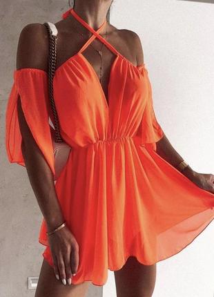 Лёгкое яркое коралловое летнее шифоновое платье сарафан с оголенными плечами xs s m l