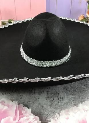 Шляпа сомбреро мариачи черная c серебристым декором +подарок