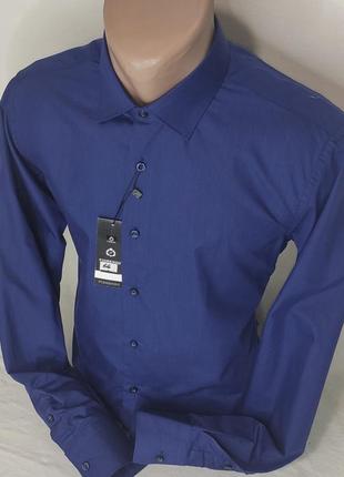 Мужская рубашка тёмно-синяя однотонная приталенная fiorenzo vd-0066 турция, стильная с длинным рукавом хлопок7 фото