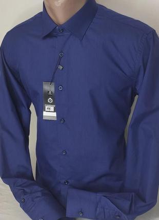 Мужская рубашка тёмно-синяя однотонная приталенная fiorenzo vd-0066 турция, стильная с длинным рукавом хлопок4 фото