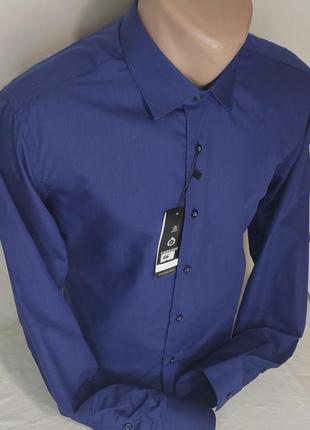 Мужская рубашка тёмно-синяя однотонная приталенная fiorenzo vd-0066 турция, стильная с длинным рукавом хлопок5 фото