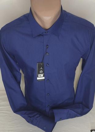Мужская рубашка тёмно-синяя однотонная приталенная fiorenzo vd-0066 турция, стильная с длинным рукавом хлопок6 фото