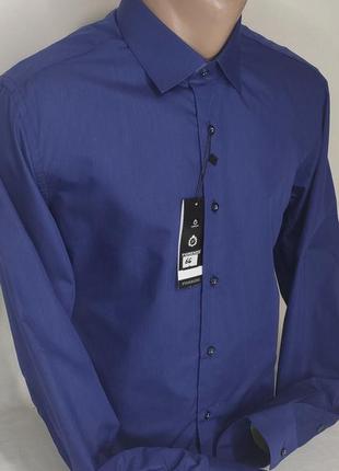 Мужская рубашка тёмно-синяя однотонная приталенная fiorenzo vd-0066 турция, стильная с длинным рукавом хлопок2 фото