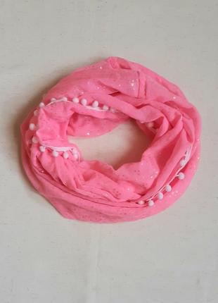 Яскраво рожевий напівпрозорий з помпончиками шарф снуд з срібними зірочками topolino німеччина