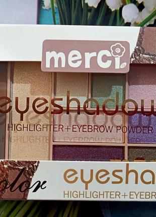 Merci eyeshadow & highlighter + eyebrow powder палетка для макіяжу очей і обличчя1 фото