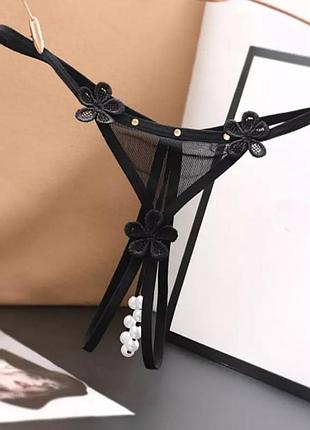 Трусы с бусинами и цветочками черные - размер универсальный (на резинке), 15% нейлон, 85% полиэстер