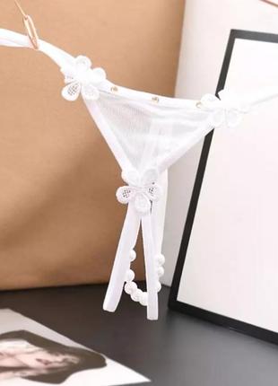 Трусы с бусинами и цветочками белые - размер универсальный (на резинке), 15% нейлон, 85% полиэстер