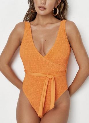 Суцільний купальник від misguided peach crinkle wrap front tie waist swimsuit