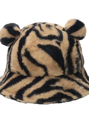 Хутряна панама з вушками / демісезонна панама / жіноча панама / чоловіча панама / з принтом зебри / коричнева