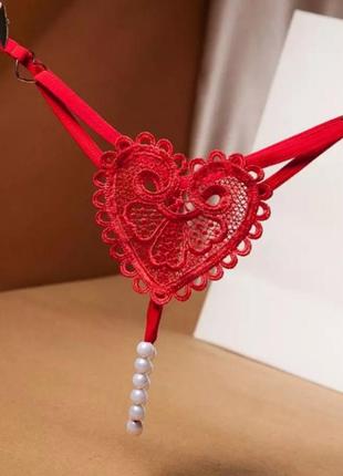 Трусы с бусинами красные в форме середчка - размер универсальный (на резинке), 15% нейлон, 85% полиэ