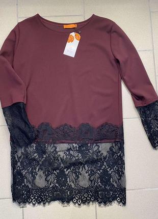 Стильная и нарядная женская бордовая блуза туника с кружевом  s(42)2 фото