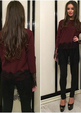 Стильна і ошатна жіноча бордова блуза туніка з мереживом s(42)